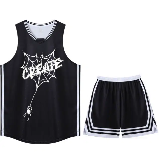 八哥 条纹撞色蜘蛛网印花背心宽松百搭短裤休闲运动套装 男女同款