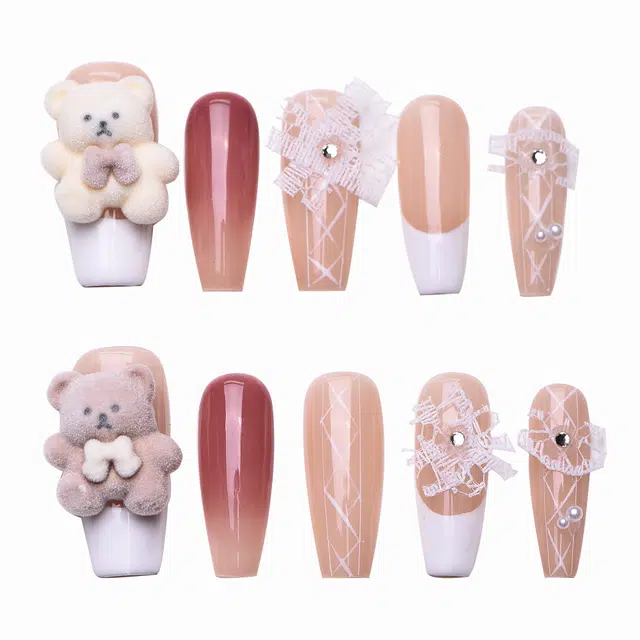 芮锦  穿戴甲美甲贴片 梯型长方中长款 可爱爆闪细闪卡通法式纯欲蝴蝶结