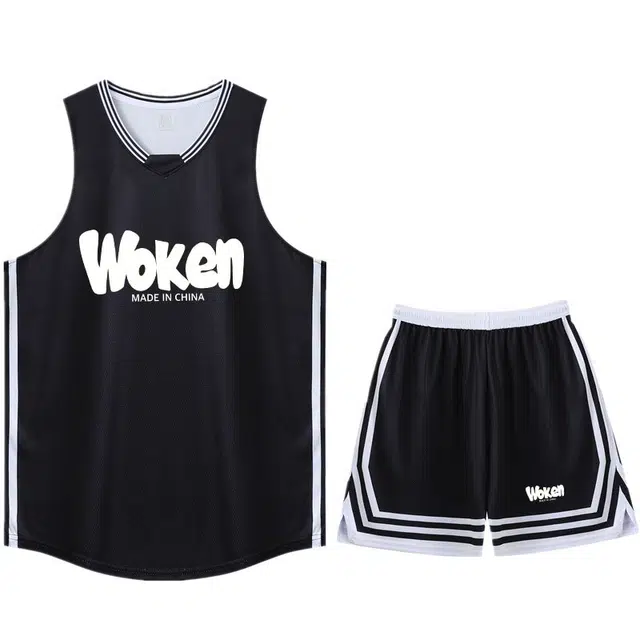 八哥 基础款条纹拼接字母印花无袖背心宽松百搭短裤篮球服休闲运动套装 男女同款 黑色