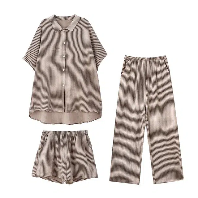 俏薇妮 简约宽松纯棉纱布婴儿棉家居服短袖短裤条纹宽松薄款休闲长裤实用可外穿三件套睡衣套装 女款 亚麻灰