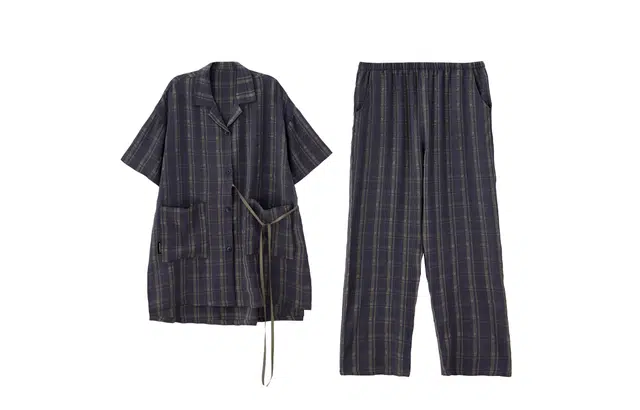 俏薇妮 复古薄款短袖长裤带胸垫一体家居服格子翻领开衫系带宽松可外穿睡衣套装 女款 藏蓝