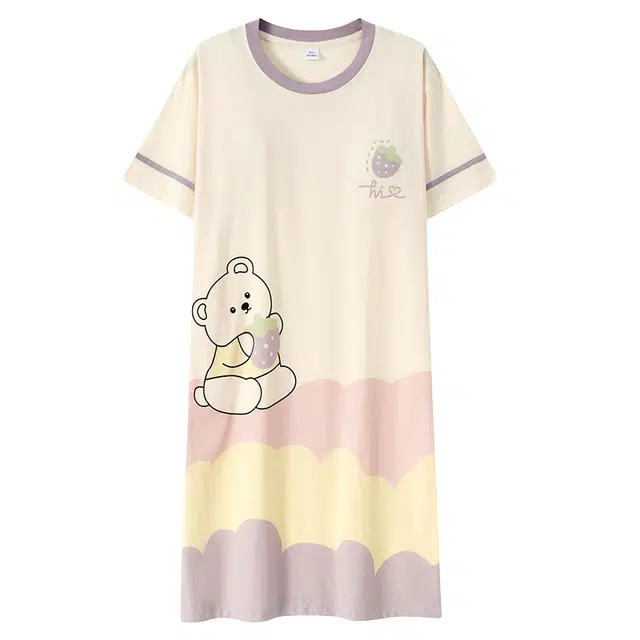 浪莎 带胸垫纯棉舒适透气短袖睡衣休闲宽松薄款可外穿家居裙睡裙 女款 杏色