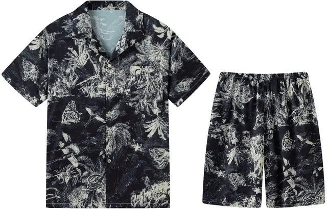 宫蝶 东南亚风情系列 冰丝短袖度假风家居服薄款可外穿复古风休闲大码开衫睡衣套装 男款 黑色