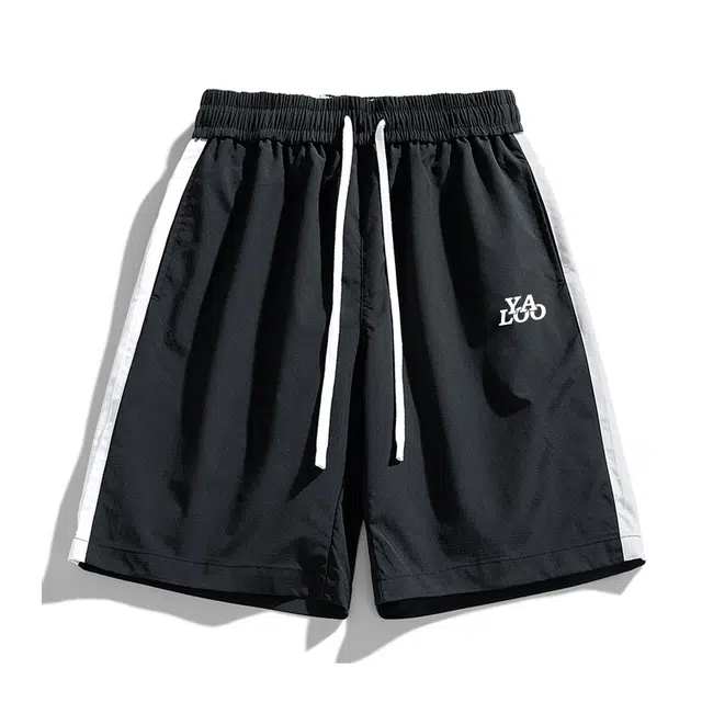 雅鹿 美式侧边条纹简约基础款宽松中腰系带五分休闲短裤 男女同款