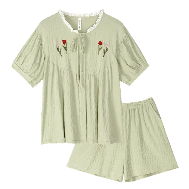 歌倩雅 简约亲肤舒适小清新短袖休闲可外穿短裤睡衣套装 女款 浅绿色