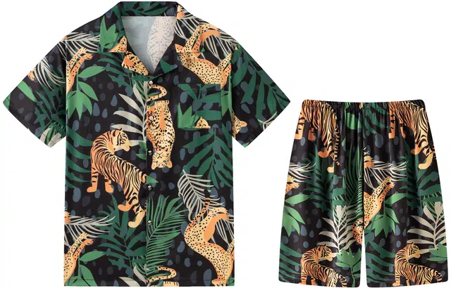 宫蝶 夏威夷系列 冰丝短袖度假风可外穿家居服条纹开衫休闲大码睡衣套装 男款 绿色