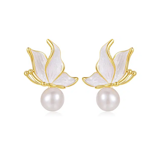 心草 法式蝴蝶  轻奢高级感独特小众设计感精致优雅个性 合金 贝母 耳环 女款