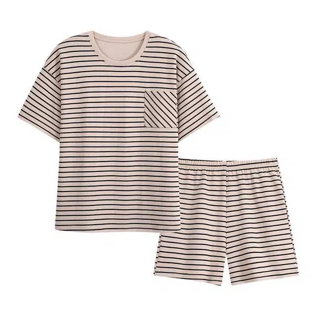 睦隆世家 时尚舒适圆领短袖亲肤凉感松紧腰短裤睡衣套装 女款 黑黄条纹