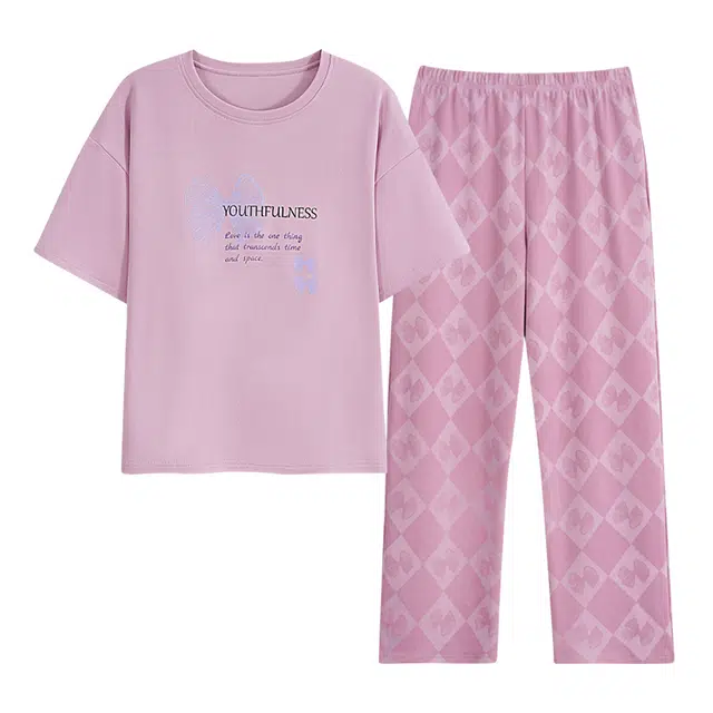 莫代尔 简约亲肤舒适圆领套头短袖凉感休闲可外穿长裤睡衣套装 女款 藕色