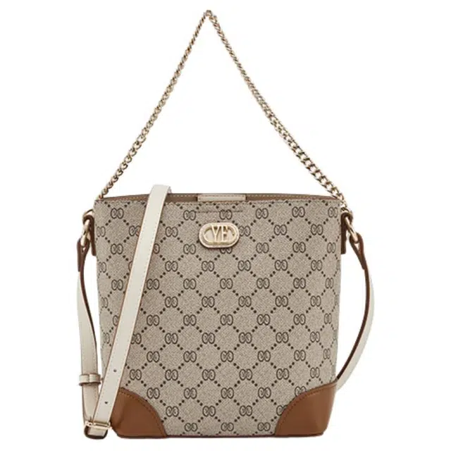 意尔康 复古老花链条 拼合成革 水桶包手提斜挎单肩包 中号 女款 卡其拼黄棕