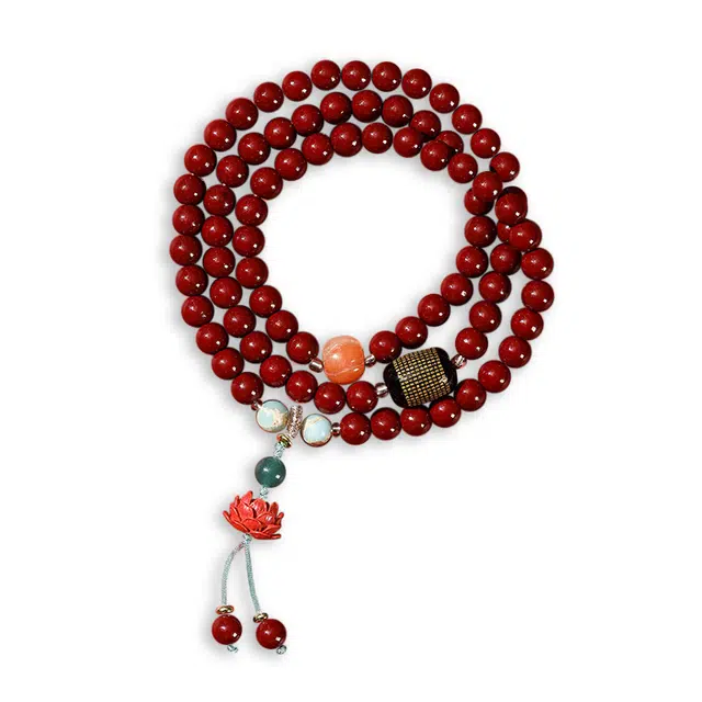 九隆古 国潮好运莲莲  小众轻奢设计高级感 三圈莲花穗子多圈喜莲本命 再造辰砂朱砂 玉石手串 男女同款情侣款