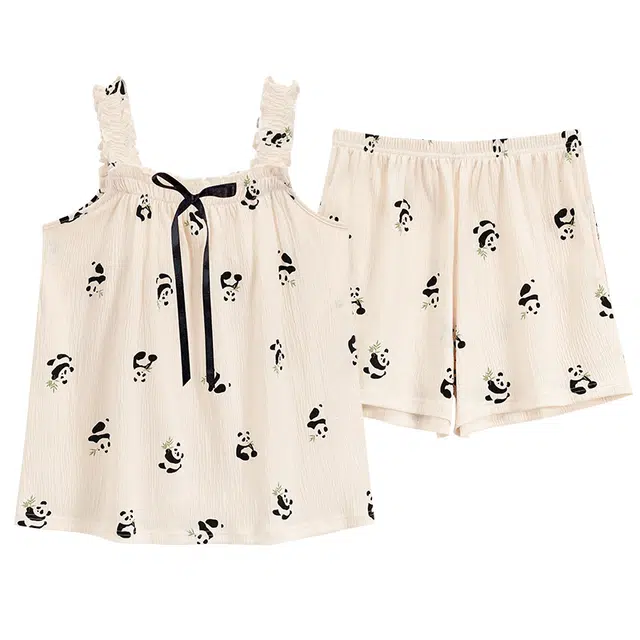 睦隆世家 舒适凉感吊带松紧腰短裤可居家外穿睡衣套装 女款 杏色