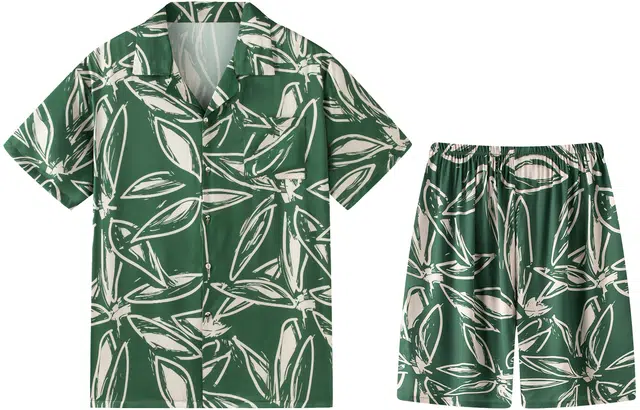 宫蝶 夏威夷系列 冰丝短袖度假风休闲家居服可外穿复古风大码开衫睡衣套装 男款 绿色