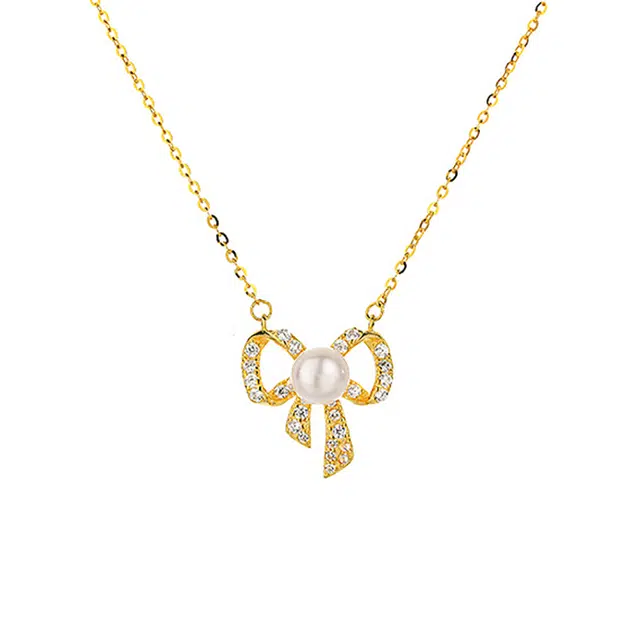 周百福 蝴蝶结 在逃公主简约时尚气质精致法式优雅轻奢小众高级感转运锁骨链 淡水珍珠 项链 女款