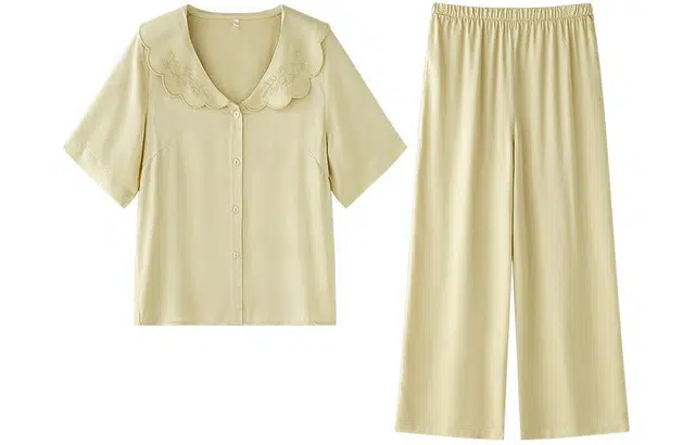 怡吾色 简约亲肤舒适透气娃娃领开衫短袖休闲可外穿长裤睡衣套装 女款