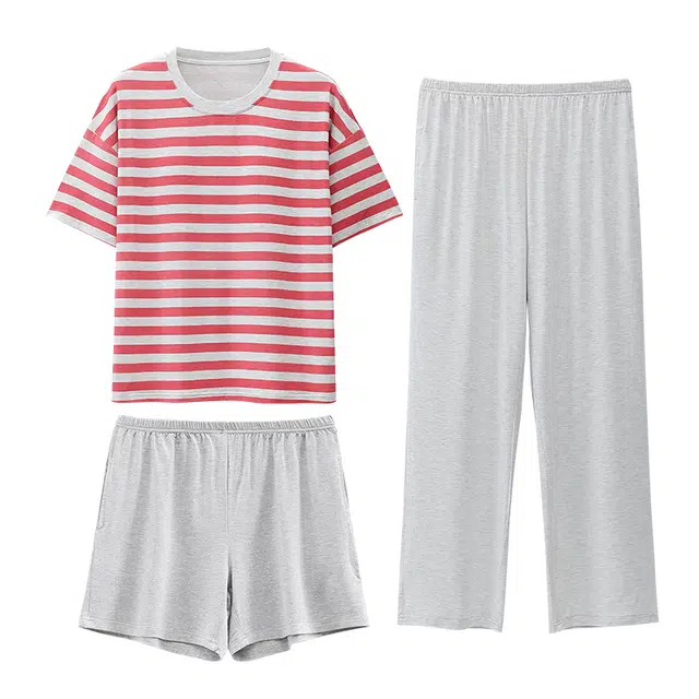 睦隆世家 带胸垫防凸点舒适亲肤凉感短袖松紧腰短裤长裤睡衣套装 女款 红灰条纹