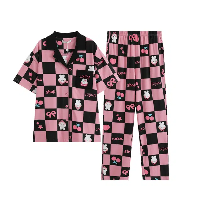 芬腾 凉感薄款短袖透气休闲长裤睡衣套装 女款 粉格