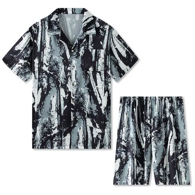 好福份 休闲短袖短裤开衫仿真丝绸家居服宽松冰丝睡衣套装 男款 深灰色