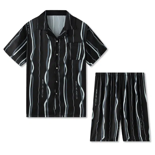 好福份 翻领简约条纹短袖短裤透气可外穿冰丝睡衣套装 男款 黑色