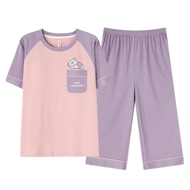 睦隆世家 简约舒适亲肤带胸垫防凸点高透气凉感短袖外穿休闲七分裤睡衣套装 女款 灰紫色