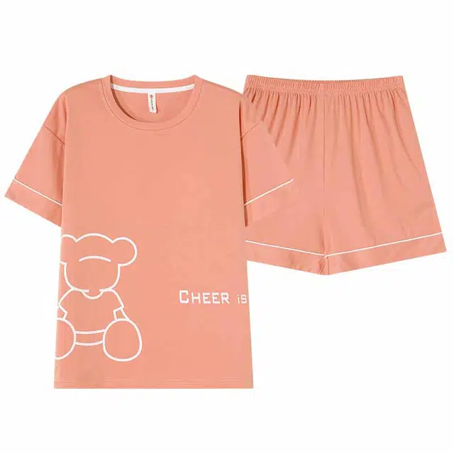 睦隆世家 舒适透气凉感短袖松紧腰短裤可居家外穿睡衣套装 女款 淡橙红色