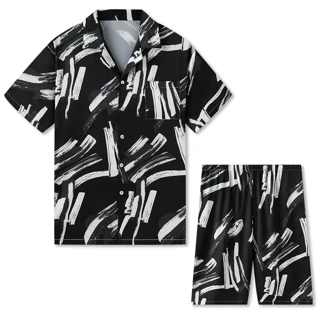 好福份 涂鸦薄款短袖短裤家居服凉感冰丝睡衣套装 男款 黑色