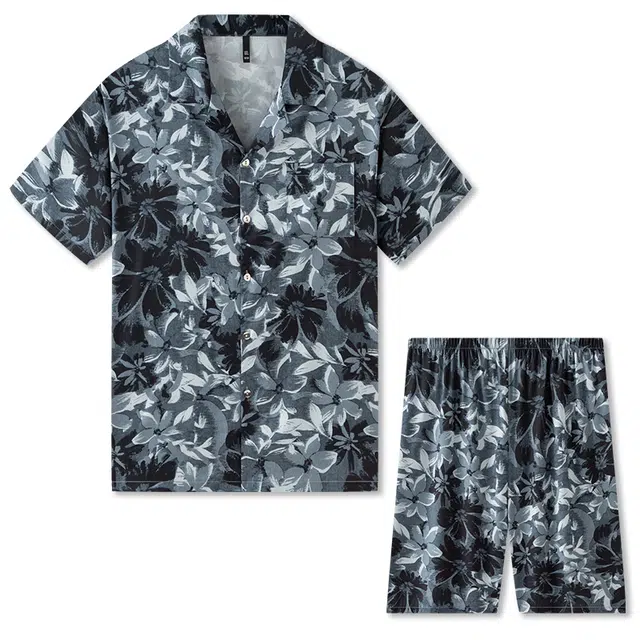 好福份 凉感冰丝短袖短裤繁花薄款学生开衫睡衣套装 男款 黑灰色