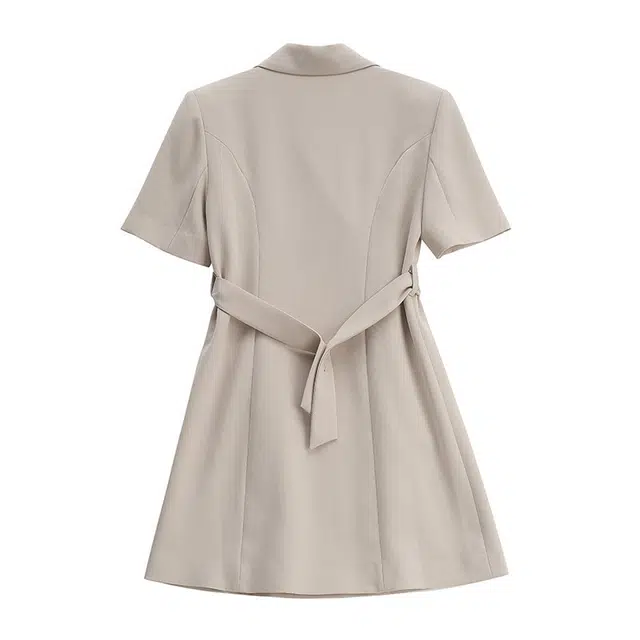 艾莱依 纯色西装领中长款短袖连衣裙 女款