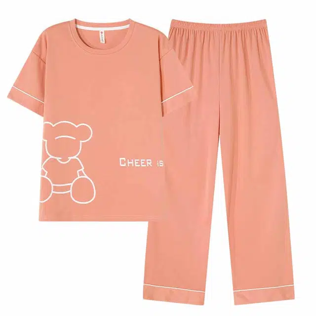 睦隆世家 时尚舒适亲肤带胸垫防凸点高透气凉感短袖长裤可居家睡衣套装 女款 淡橙红色
