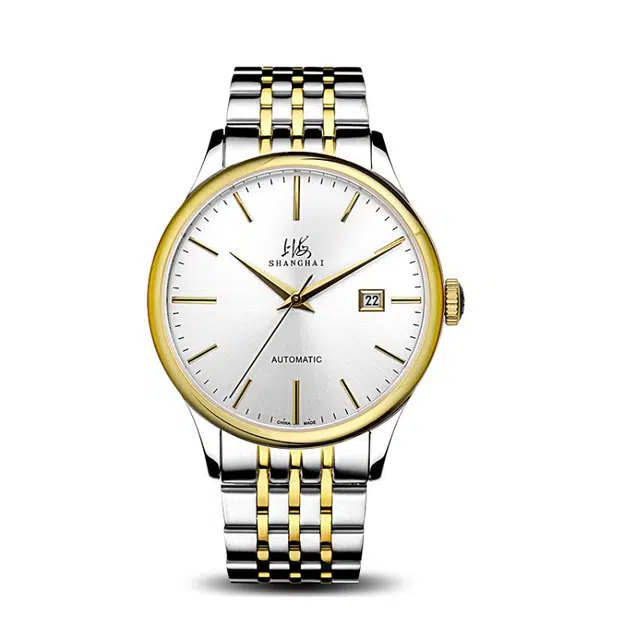 上海国民系列 经典复古 简约大气 日历显示 三针条钉刻度 蓝宝石镜面 自动机械机芯 精钢表带 国表 男表 白色表盘 手表男款