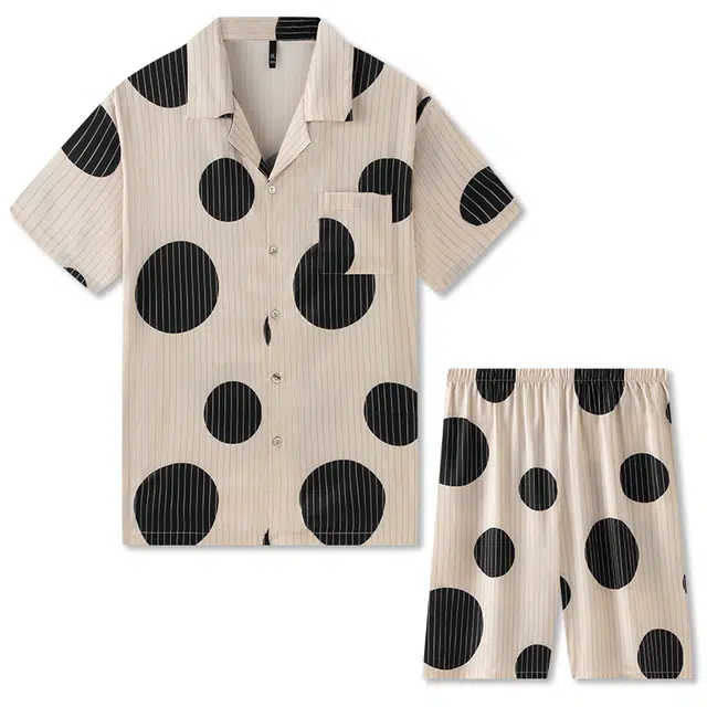 好福份 翻领圆点舒适家居服短袖短裤透气冰丝睡衣套装 男款 米白色