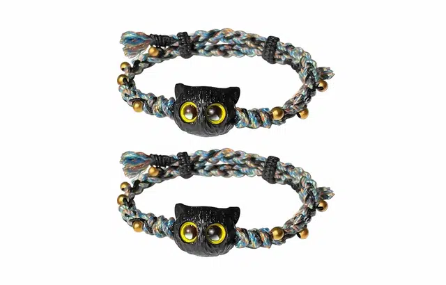 牧言 复古新中式简约小众设计高级感 立体不规则纹理大眼猫咪彩色编织绳手饰 合金 黑猫圆珠手链 女款