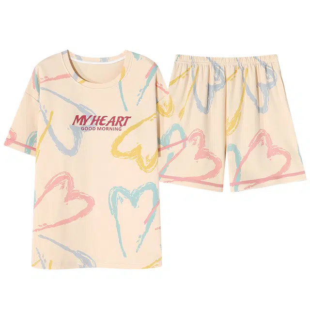 睦隆世家 薄款亲肤柔软带胸垫防凸点短袖短裤可外穿睡衣套装 女款 杏色