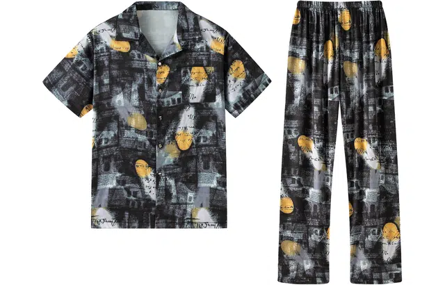 宫蝶 东南亚风情系列 冰丝短袖长裤度假风可外穿家居服条纹开衫薄款休闲大码睡衣套装 男款 黑色