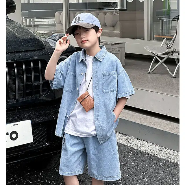 熊猫圆圆 男童夏季薄款宽松休闲牛仔套装 儿童款