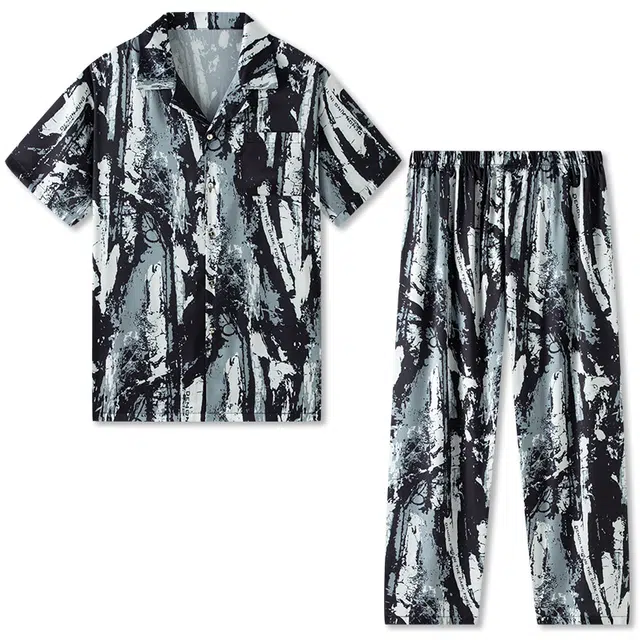 好福份 薄款翻领短袖长裤涂鸦宽松休闲冰丝睡衣套装 男款 深灰色