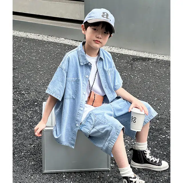 熊猫圆圆 男童夏季薄款宽松休闲牛仔套装 儿童款