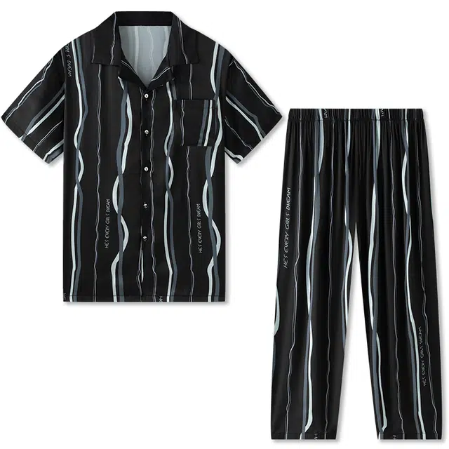 好福份 薄款翻领开衫短袖长裤宽松条纹冰丝睡衣套装 男款 黑色
