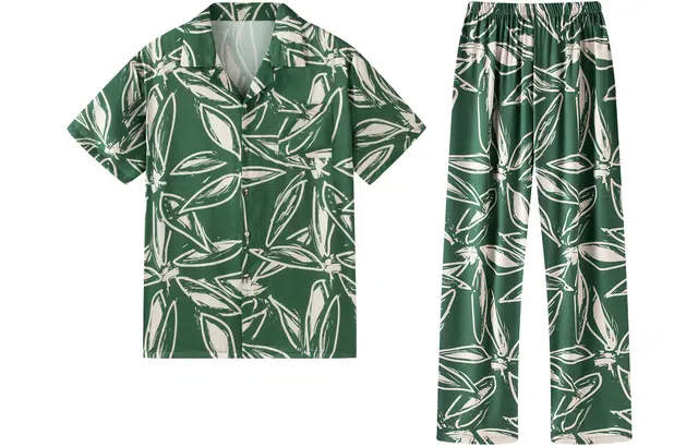 宫蝶 夏威夷系列 冰丝短袖长裤度假风休闲家居服可外穿复古风大码开衫睡衣套装 男款 绿色