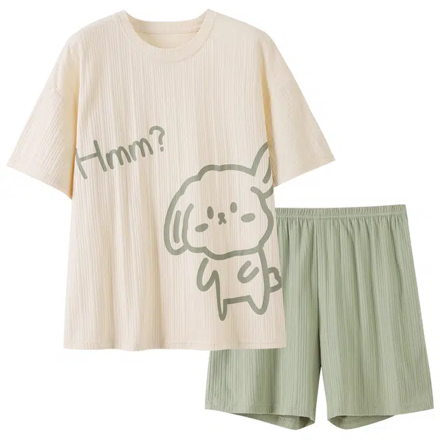 睦隆世家 薄款卡通印花短袖短裤韩版可外穿睡衣套装 女款 杏色