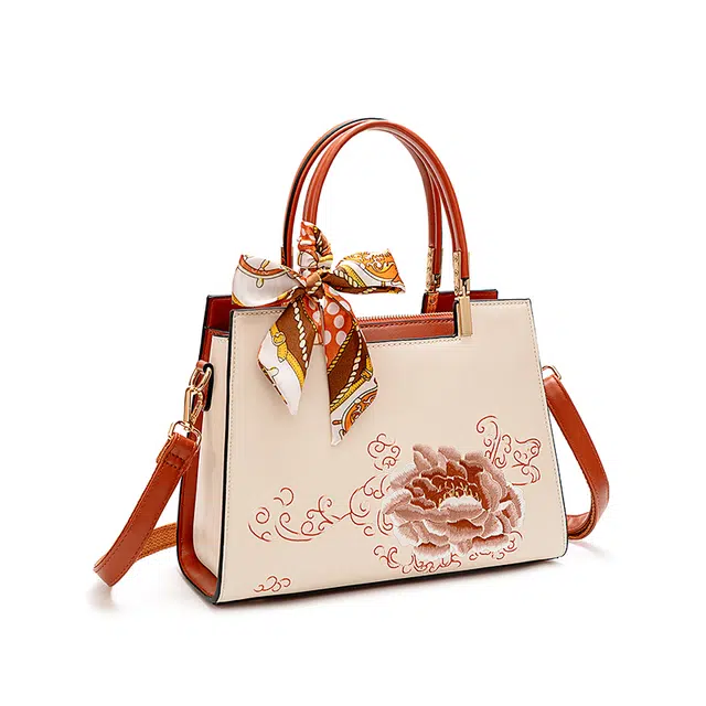 维尼奥 新中式大气国风百合花刺绣小众大容量优雅妈妈包 合成革 手提包单肩斜挎包 中号 女款 米白色