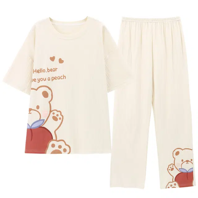睦隆世家 薄款小熊印花短袖长裤韩版卡通可外穿睡衣套装 女款 杏色