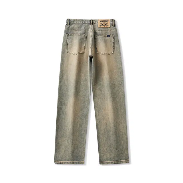 雅鹿 宽松直筒百搭牌中腰水洗耐磨复古做旧牛仔裤 男款 黄泥