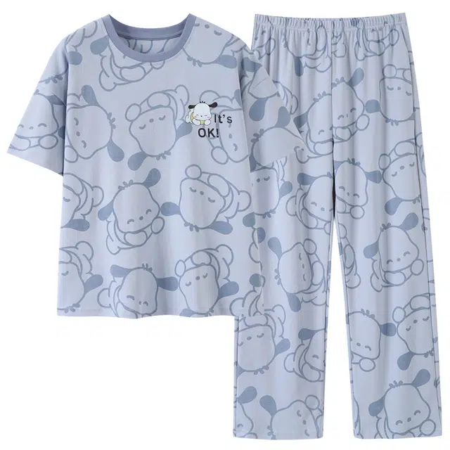 睦隆世家 薄款亲肤短袖透气卡通长裤睡衣套装 女款 浅蓝色