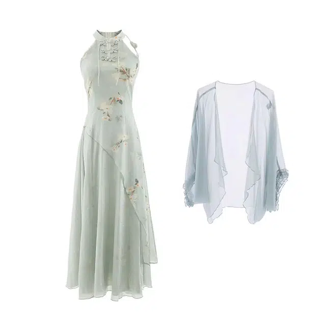 玉儿恋 新中式国风印花挂脖无袖连衣裙纯色薄款长袖开衫植物花卉高腰裙装套装 女款 绿色