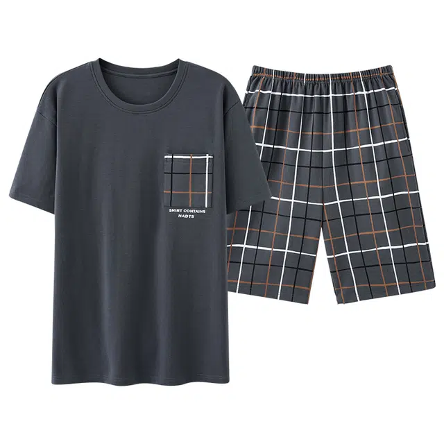 浪莎 简约舒适圆领短袖上衣松紧腰短裤睡衣套装 男款 深灰色
