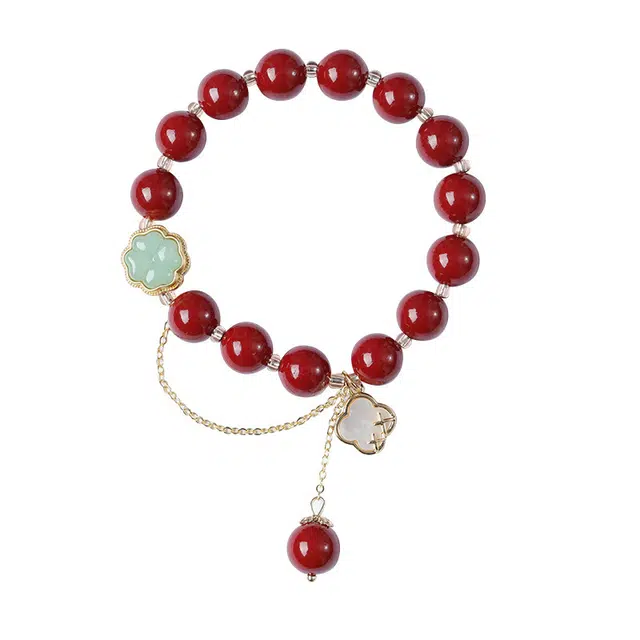 九隆古 新中式幸运四叶草 招财转运 个性复古氛围感 小众 流苏 再造辰砂朱砂 玉石手串 女款