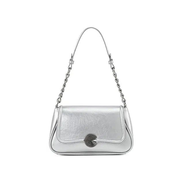 西木汀 时光旅客 高级感小众设计时尚通勤 牛剖层革 链条包法棍包腋下包斜挎包 常规 女款 雾霾蓝/镭射银