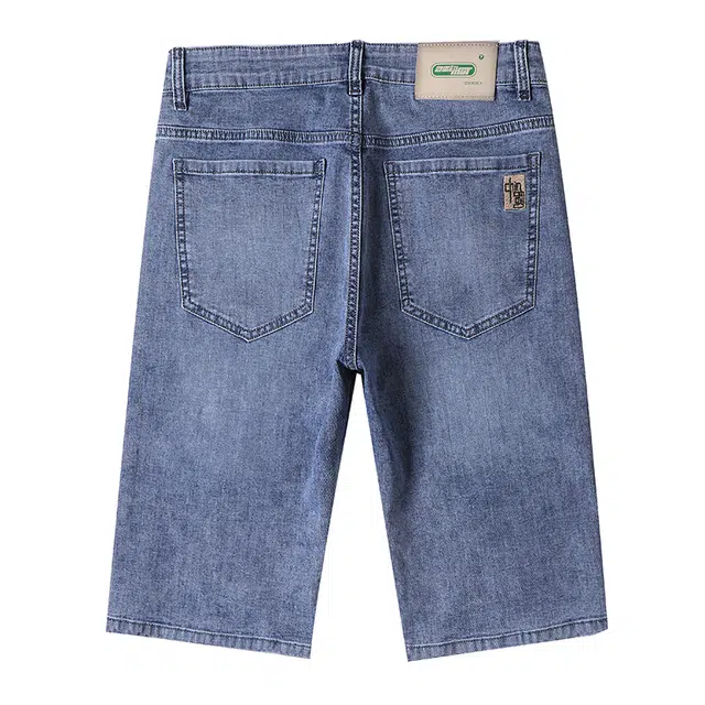 雅鹿 薄款直筒宽松休闲美式潮牌五分水洗耐磨牛仔短裤 男款 磨白蓝