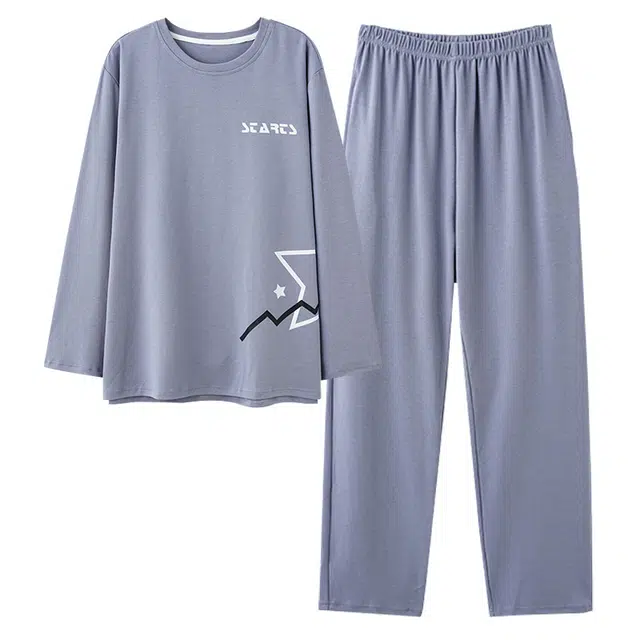 欧迪芬 简约字母裸感透气舒适套头长袖纯色可外穿休闲长裤睡衣套装 男款 蓝色